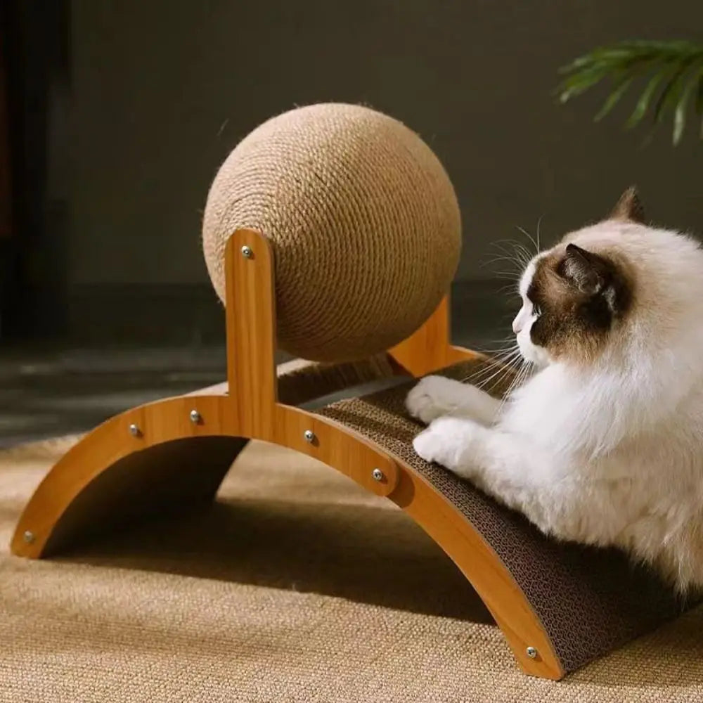 Katzenkratzball aus Wellpappe und Sisal, verschleißfest, Holz/Sisal-Krallen-Schleifball in Riesenrad-Form, braun